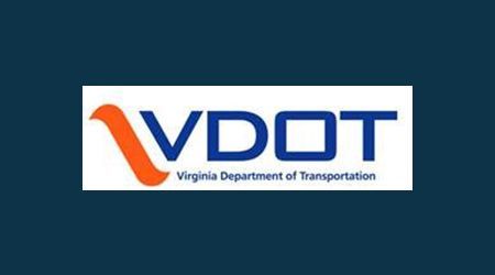 VDOT logo on a blue background: White rectangle with orange and blue lettering and the words 