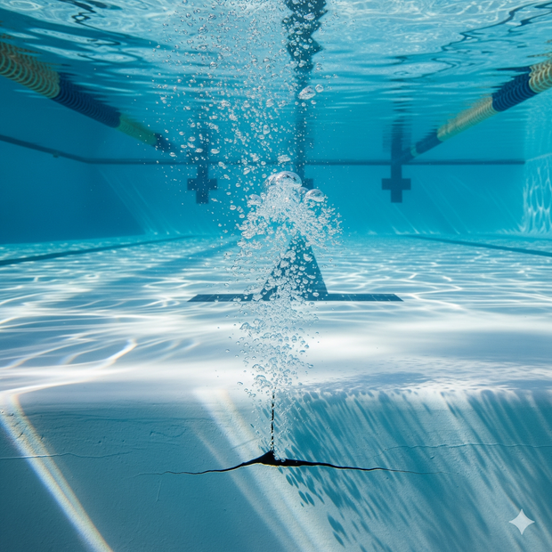 Underwater view of a pool with bubbles rising from the floor, lane markers, and a blue tile.