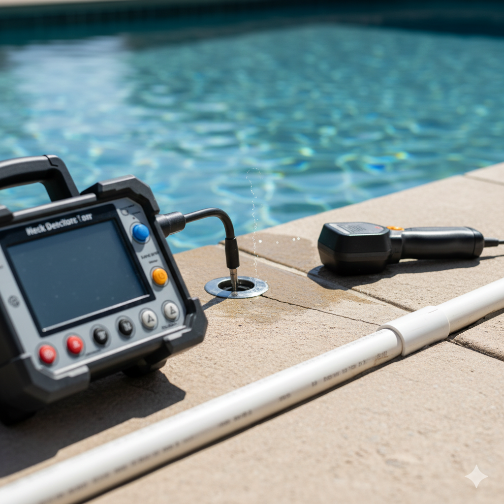 A device testing a pool's underwater plumbing. The device is near a pool edge with a probe submerged in water.