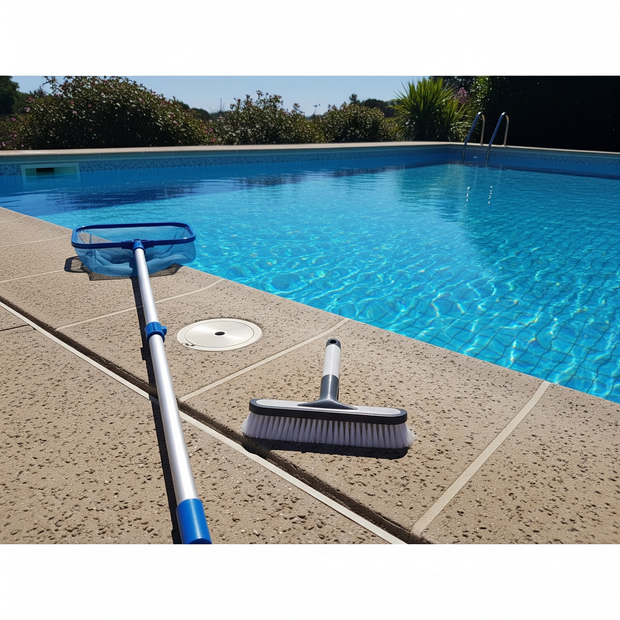 Pool cleaning tools (net, brush) on a pool deck next to blue water on a sunny day.