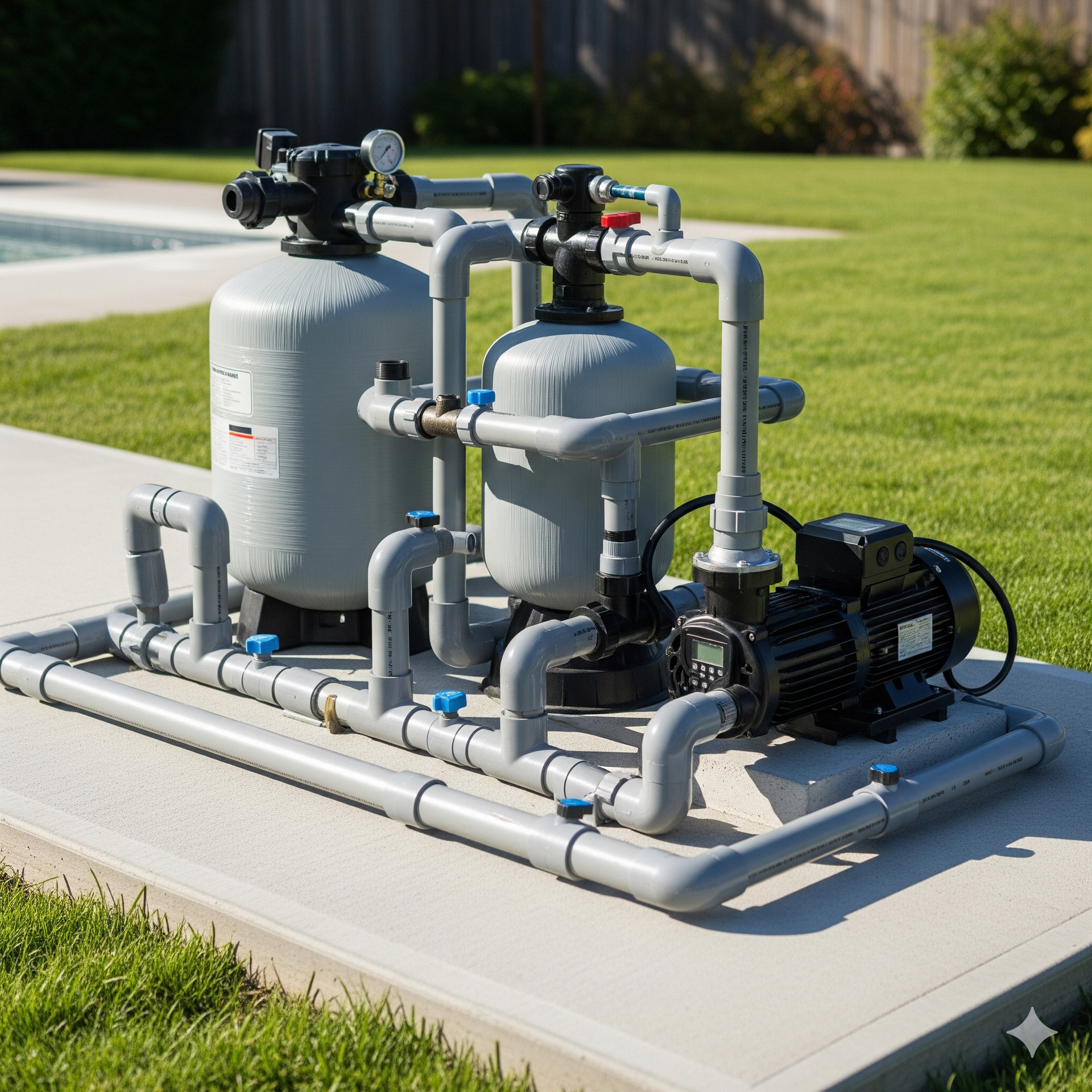 Pool filtration system with gray tanks, piping, and a pump on a concrete base, outdoors.
