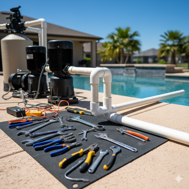 Pool pump repair tools laid out on a mat by a pool. Includes wrenches, pliers, and electrical testing equipment.