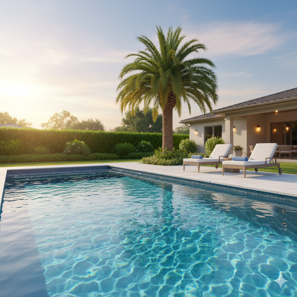 Swimming pool in a backyard with lounge chairs, palm tree, and house. Sunlight.