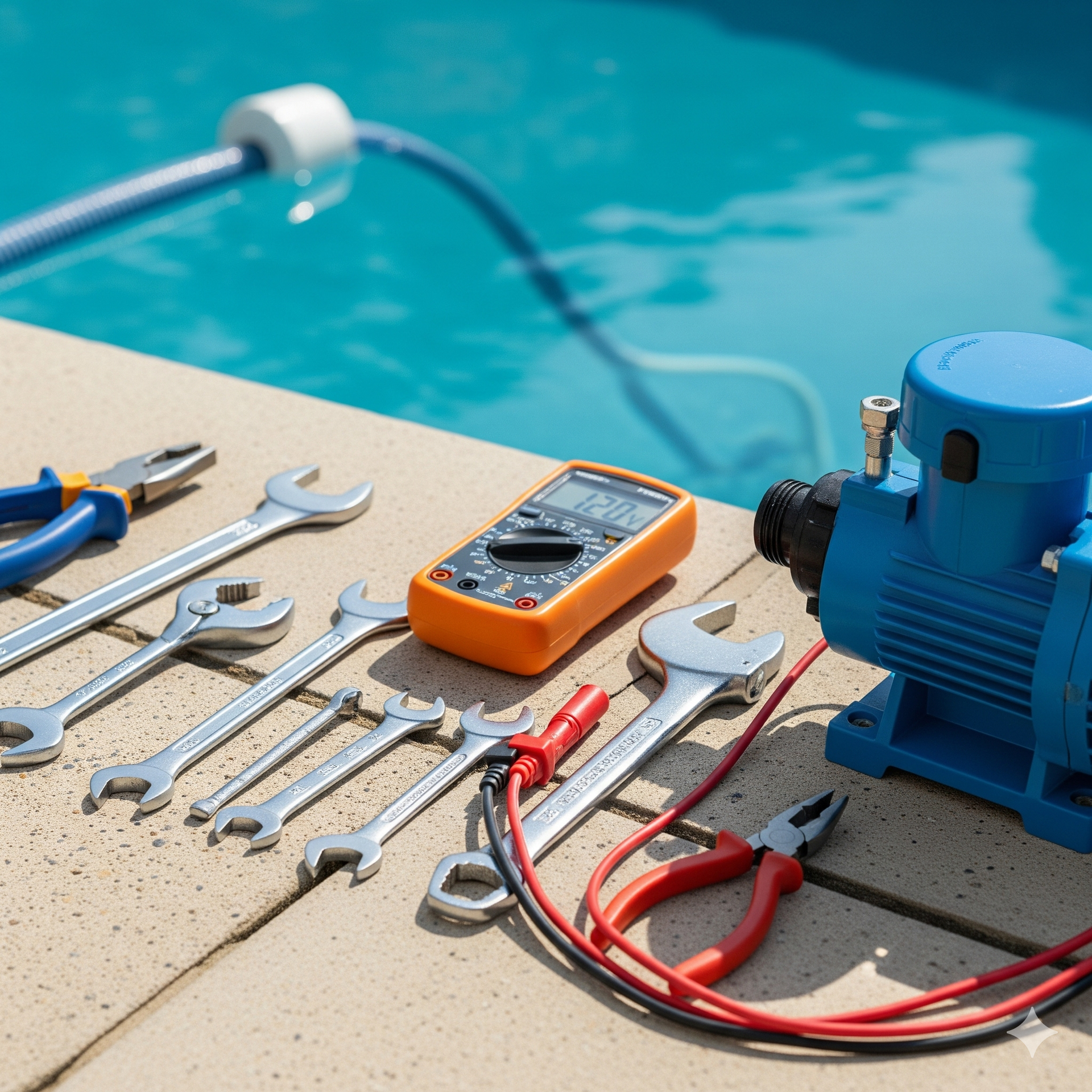 Tools arranged on pool deck next to a blue pool pump, with wrenches, pliers, and a multimeter.