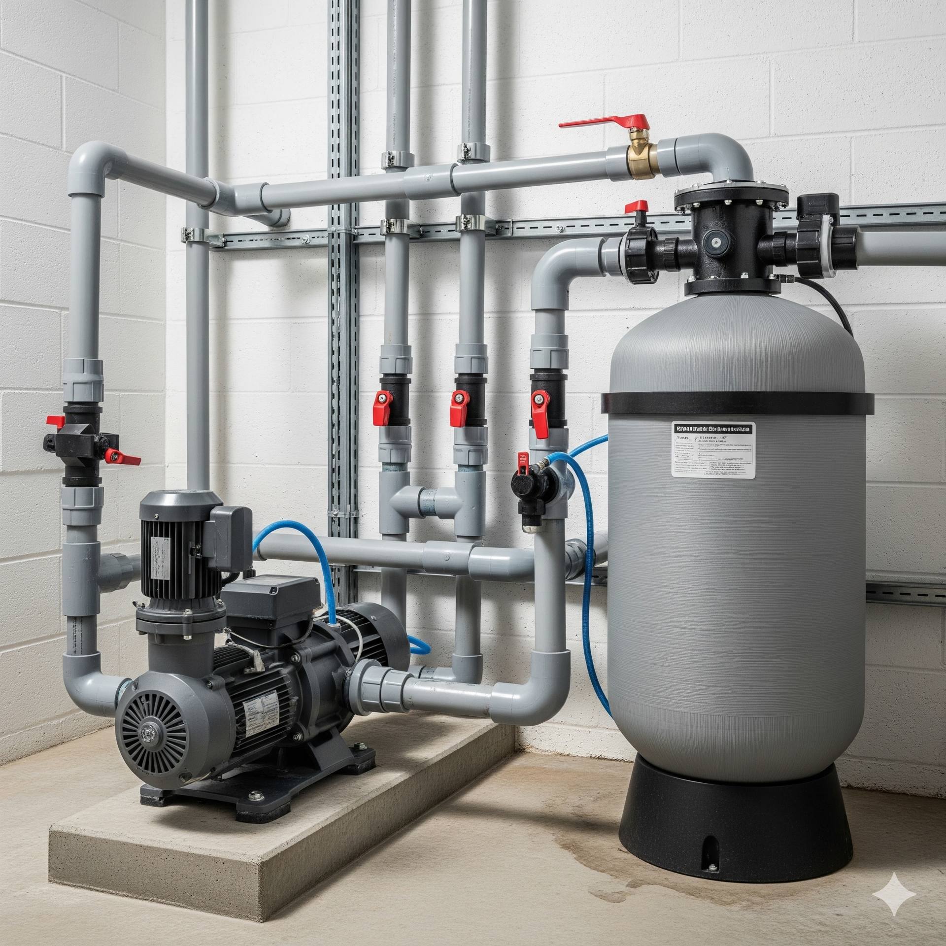 Water pump and filtration system with gray pipes and tank in a utility room.