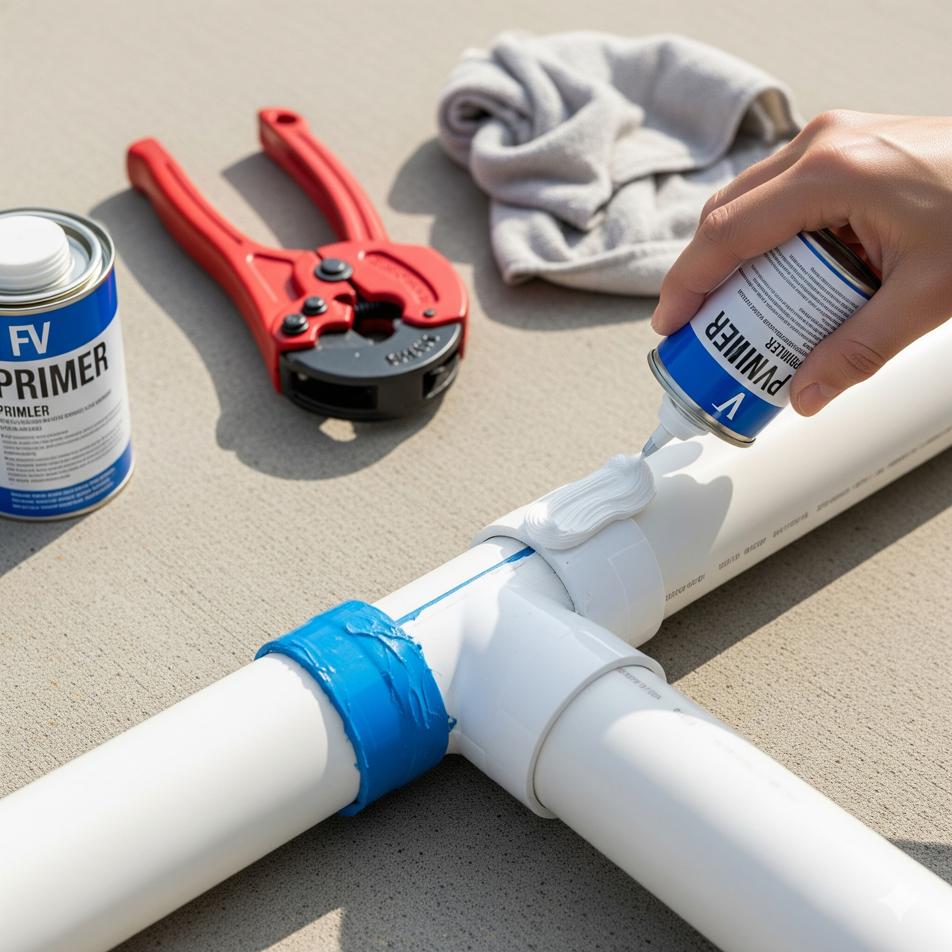 Person applying primer to PVC pipe fittings; tools and primer cans on concrete.