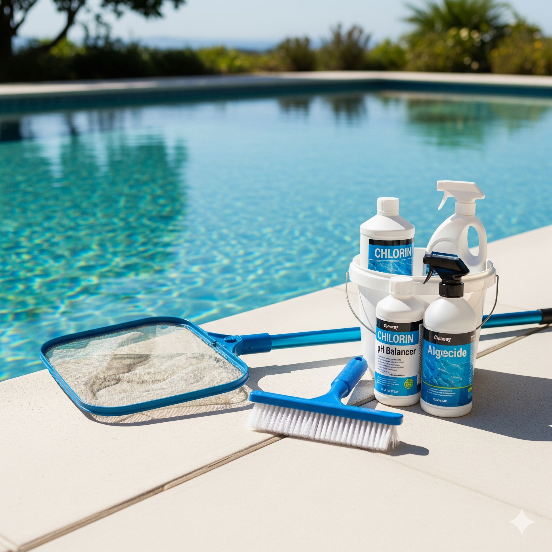 Pool cleaning supplies arranged on a pool deck: net, brush, chemicals, and a bucket. Blue water and ocean in the background.