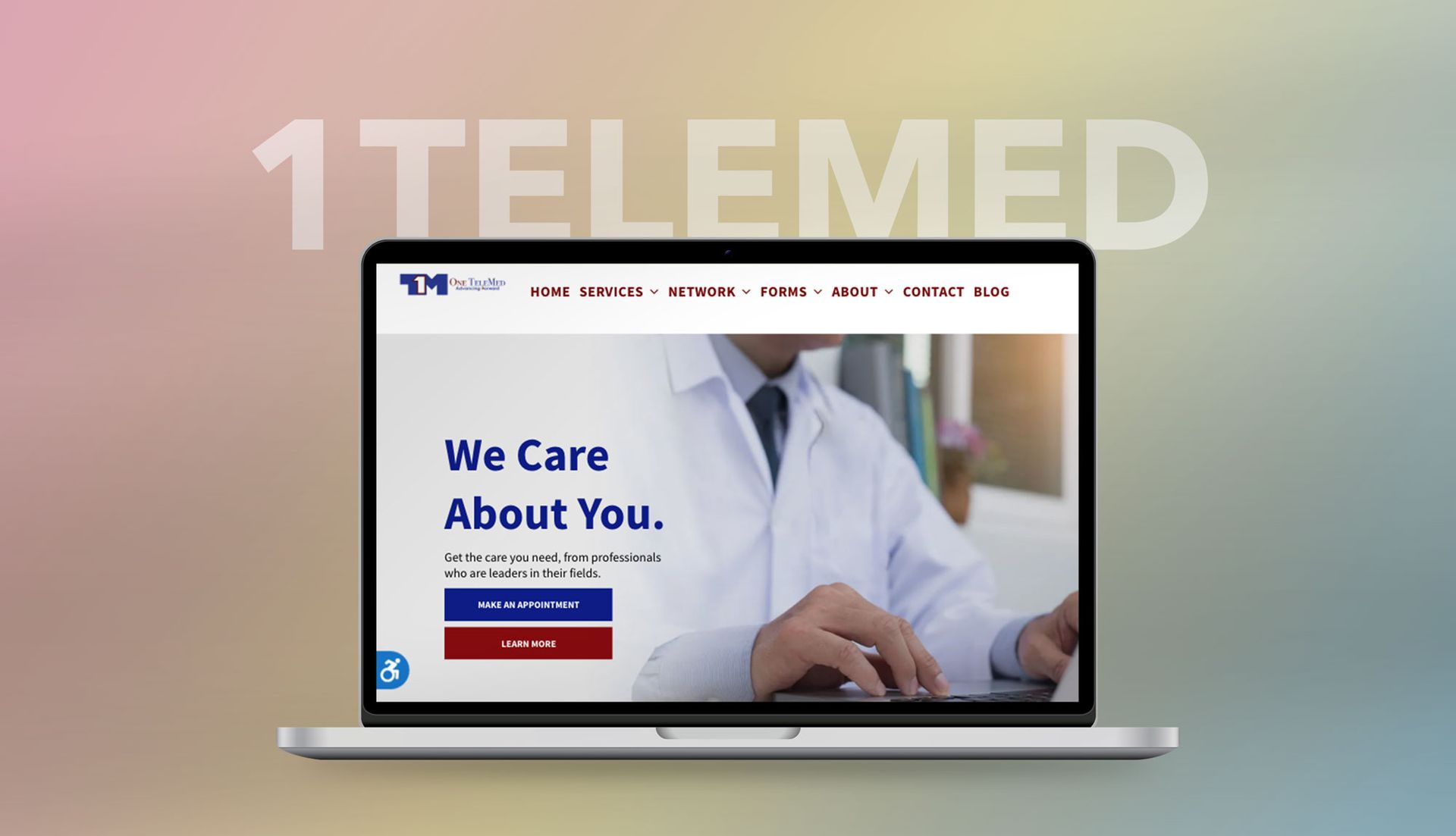 A laptop is open to a page that says we care about you