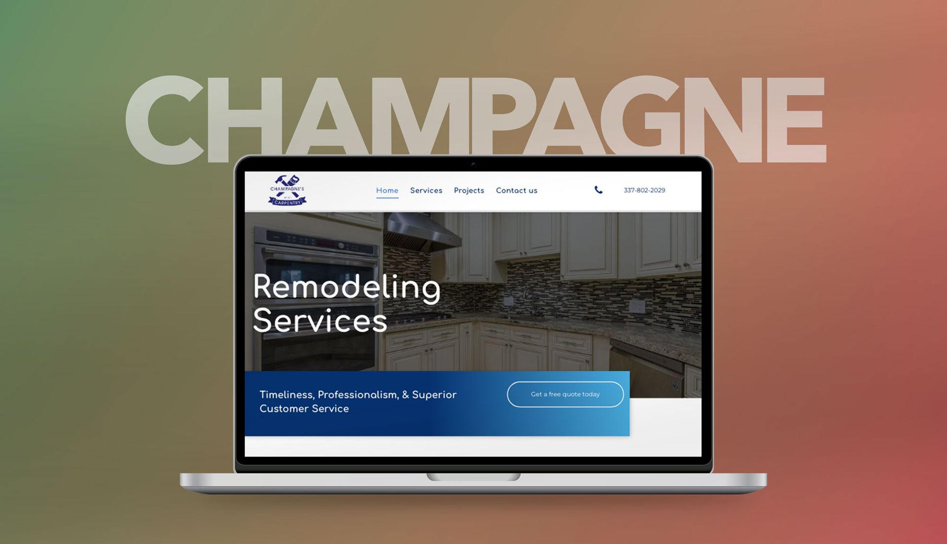 A laptop computer is open to a website for remodeling services.