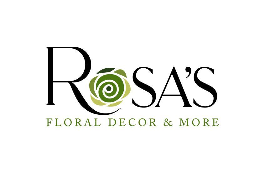 The logo for rosa 's floral decor and more has a green rose on it.