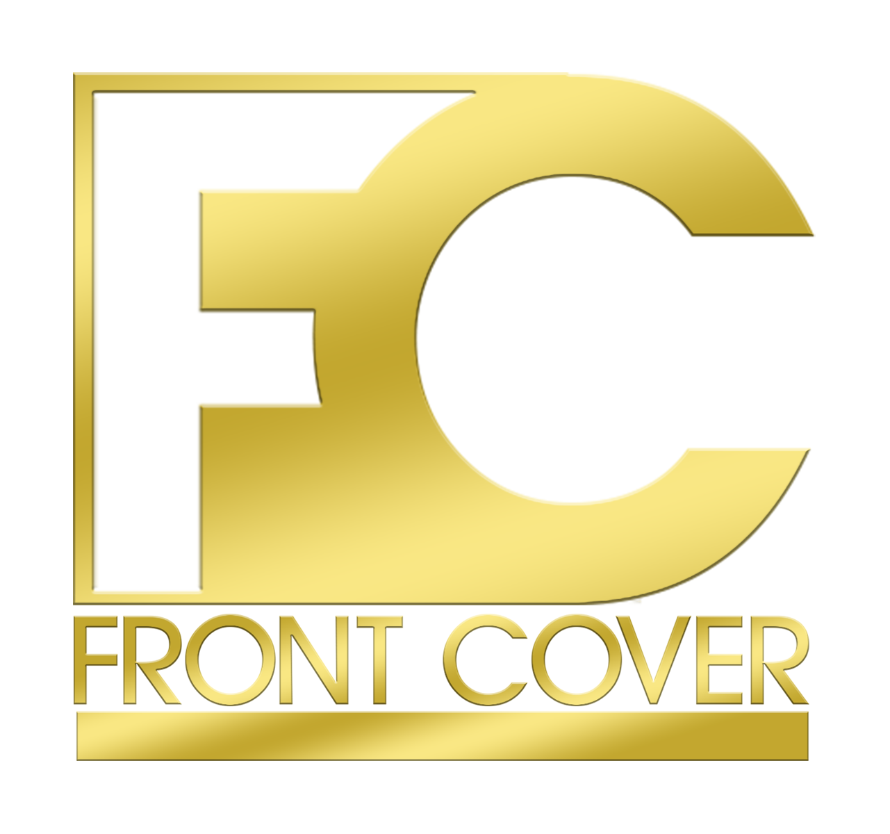 A gold and white logo for front cover
