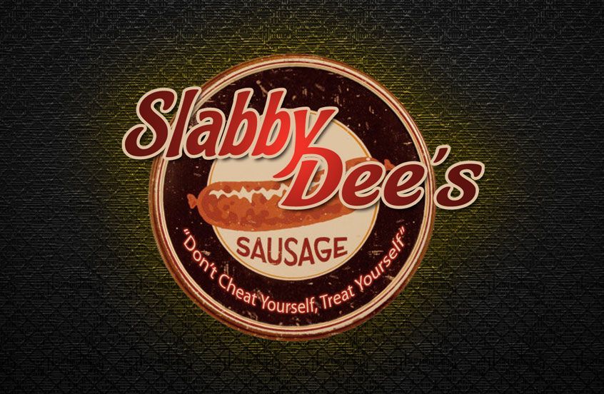 A circular logo with the words Slabby Dee's on dark background