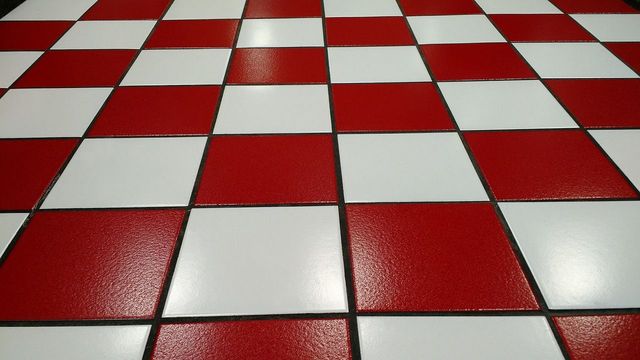 Red and white checkered floor tiles.