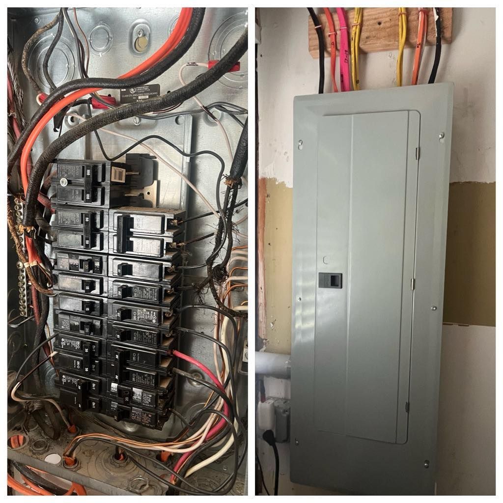Electrical panel, open and closed. Wires, breakers visible inside open panel. Grey metal door.