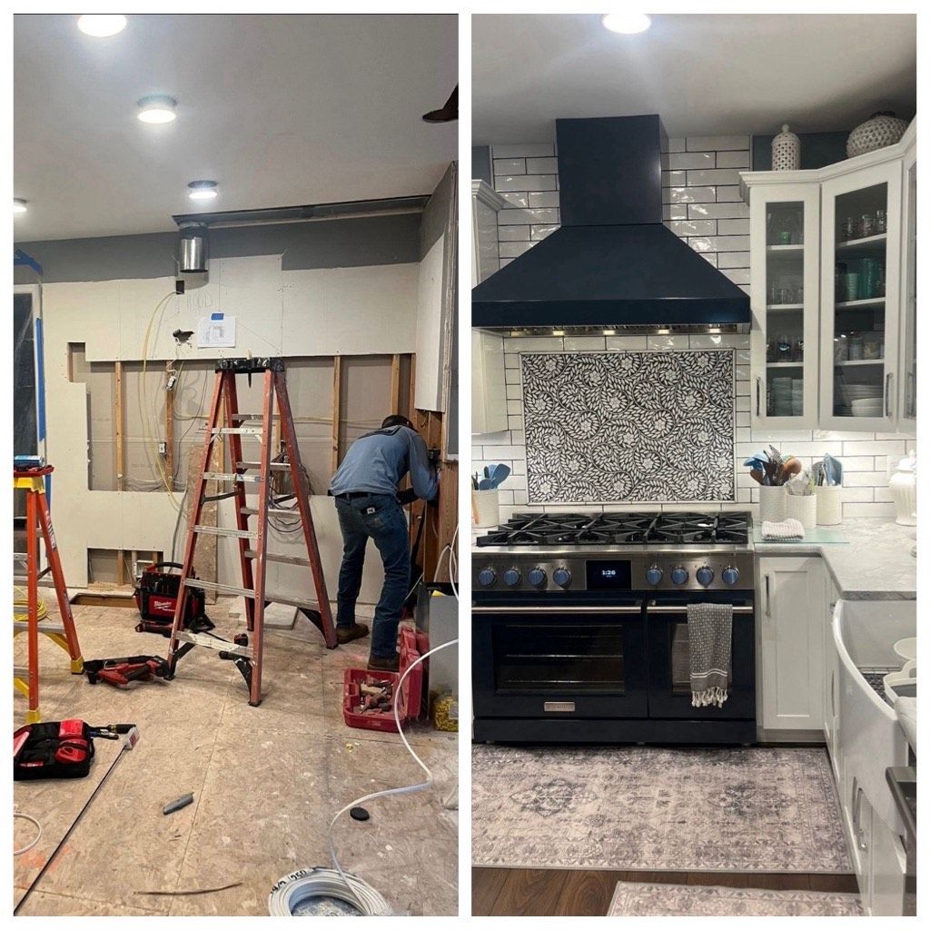 Kitchen renovation comparison: before and after. Construction worker on ladder, then a fully renovated kitchen.