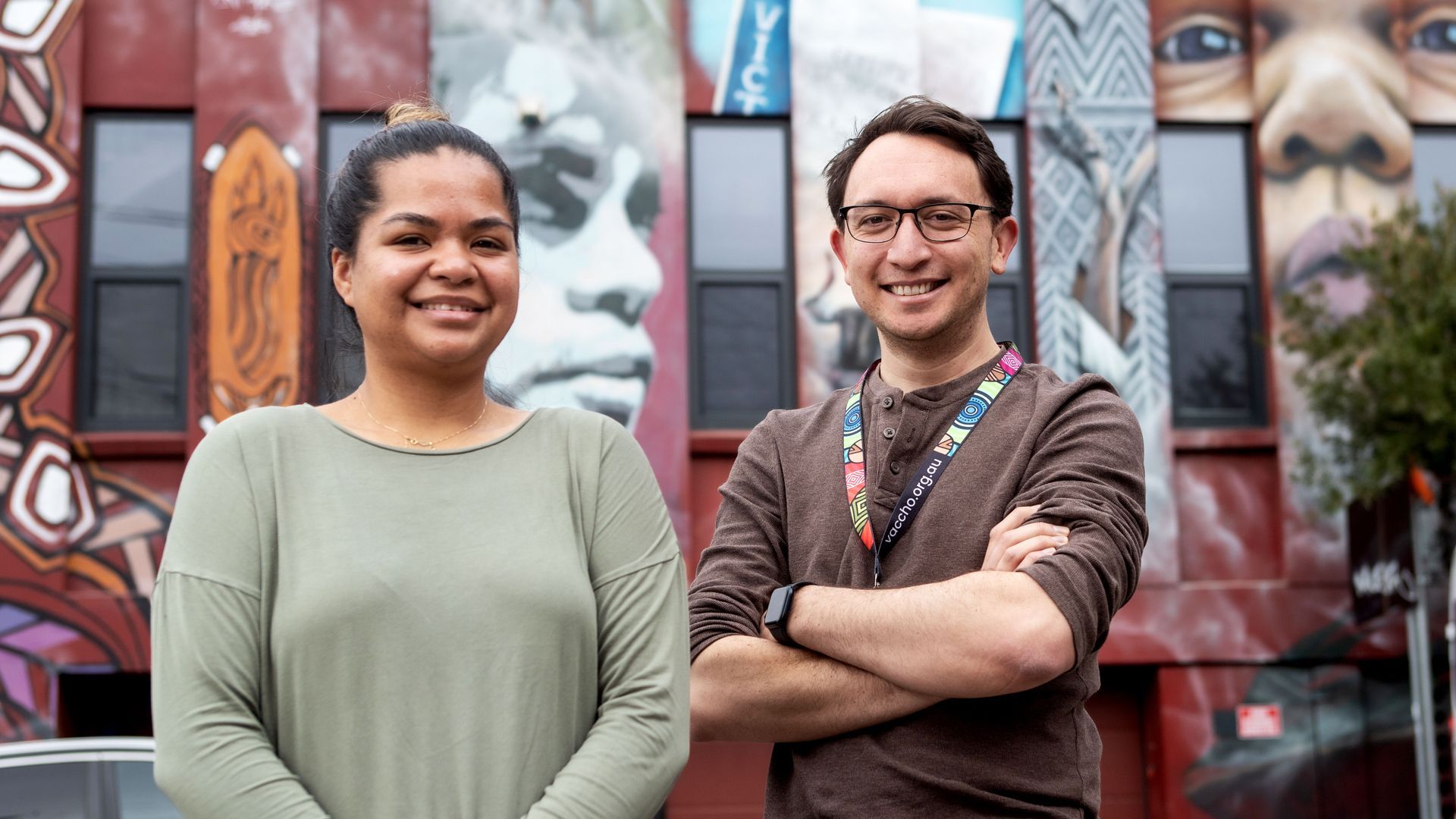 Victorian Aboriginal Community Controlled Health Organisation (VACCHO) staff Jessica Mitchell (left) and Abe Ropitini (right). Image credit: Leigh Henningham.