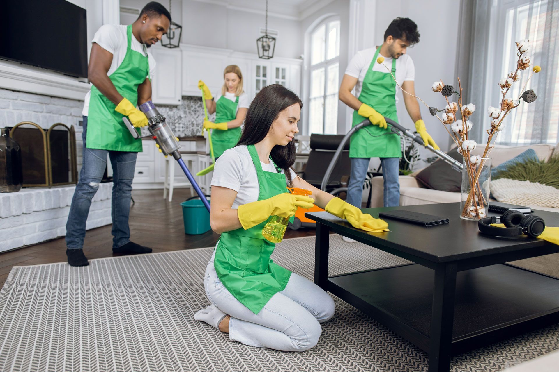 Four people in green aprons cleaning a living room with vacuum cleaners and spray bottles.