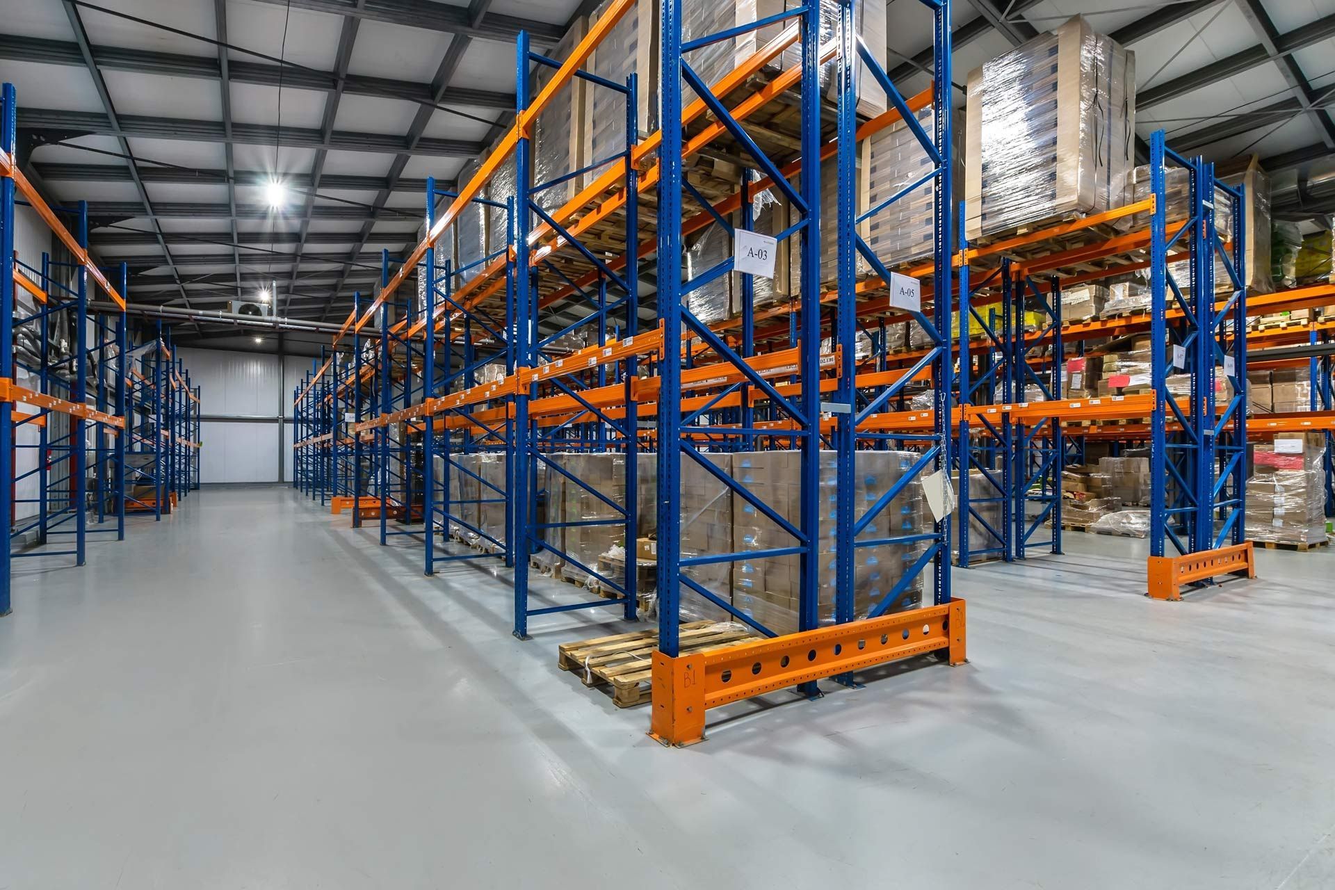 Empty warehouse with blue shelving and orange beams, gray floor, bright lighting.