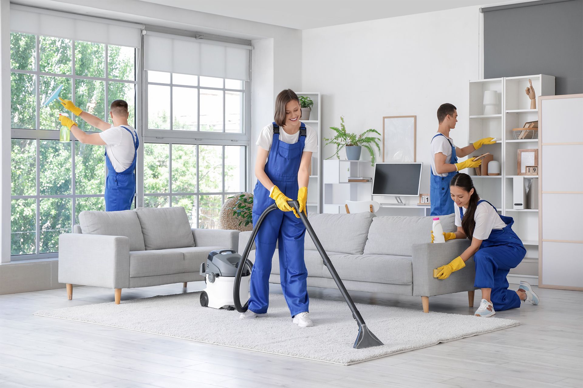Cleaning crew in blue coveralls cleans a bright living room; one vacuums, others dust, clean windows.