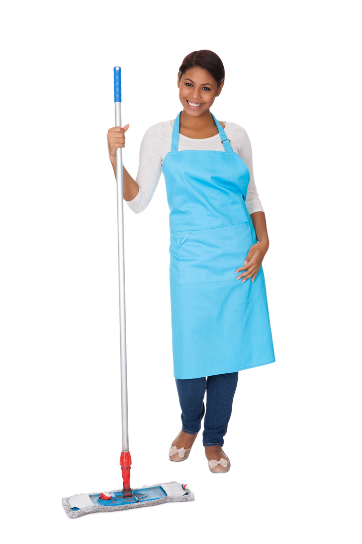 Man in blue overalls smiles, arms crossed, holding yellow cleaning cloth.