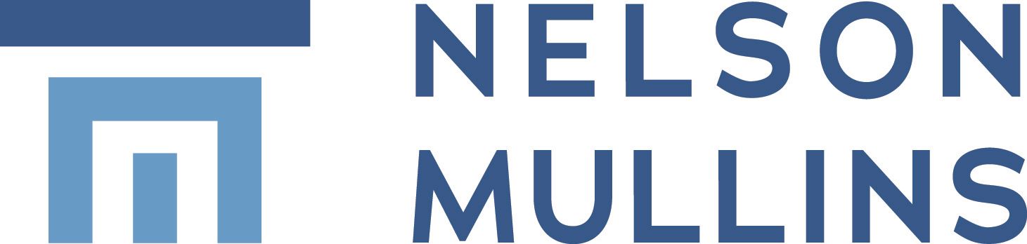Nelson Mullins logo with blue icon and gray-blue text on white background