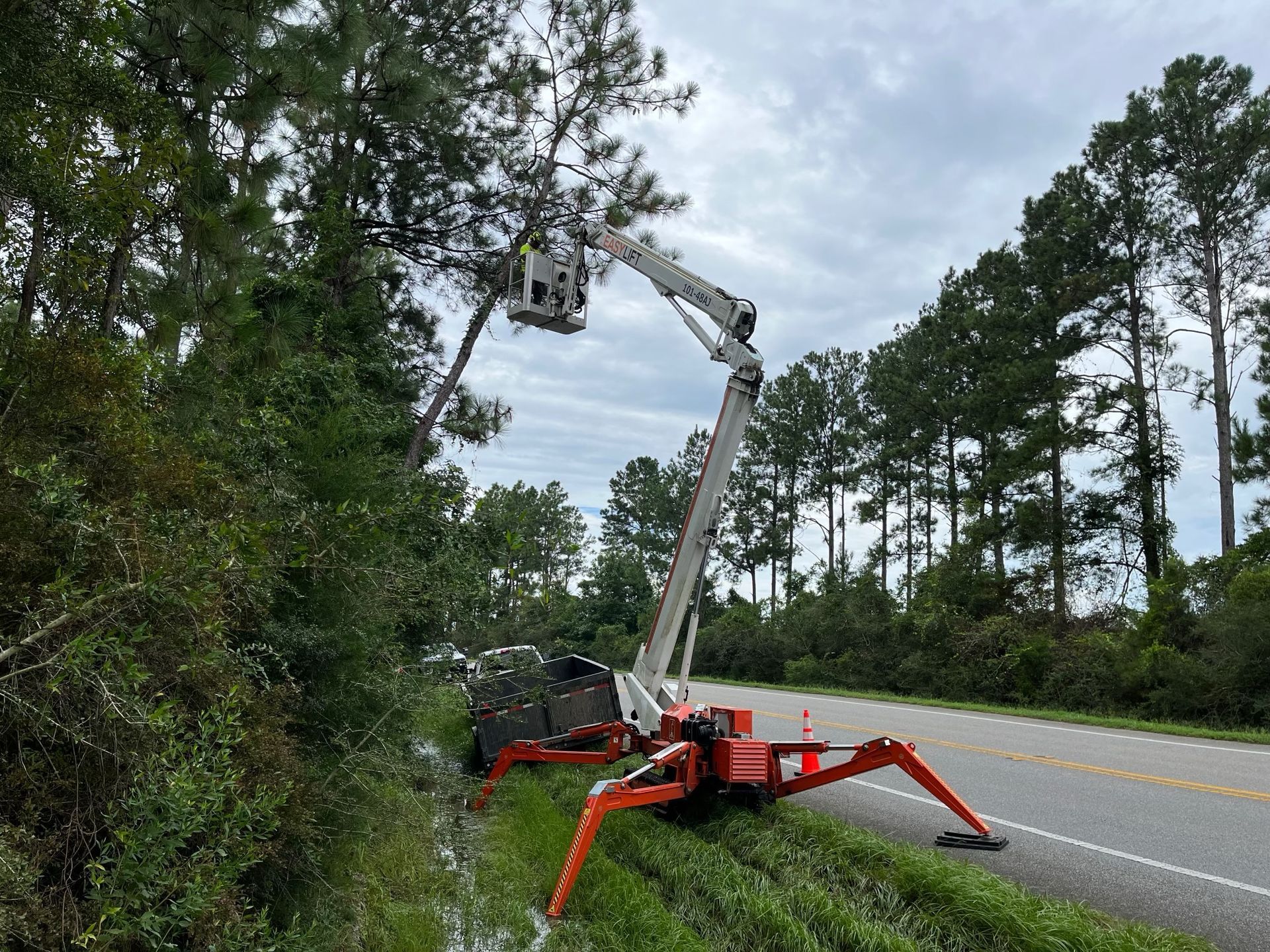 A crane is cutting trees on the side of a road.