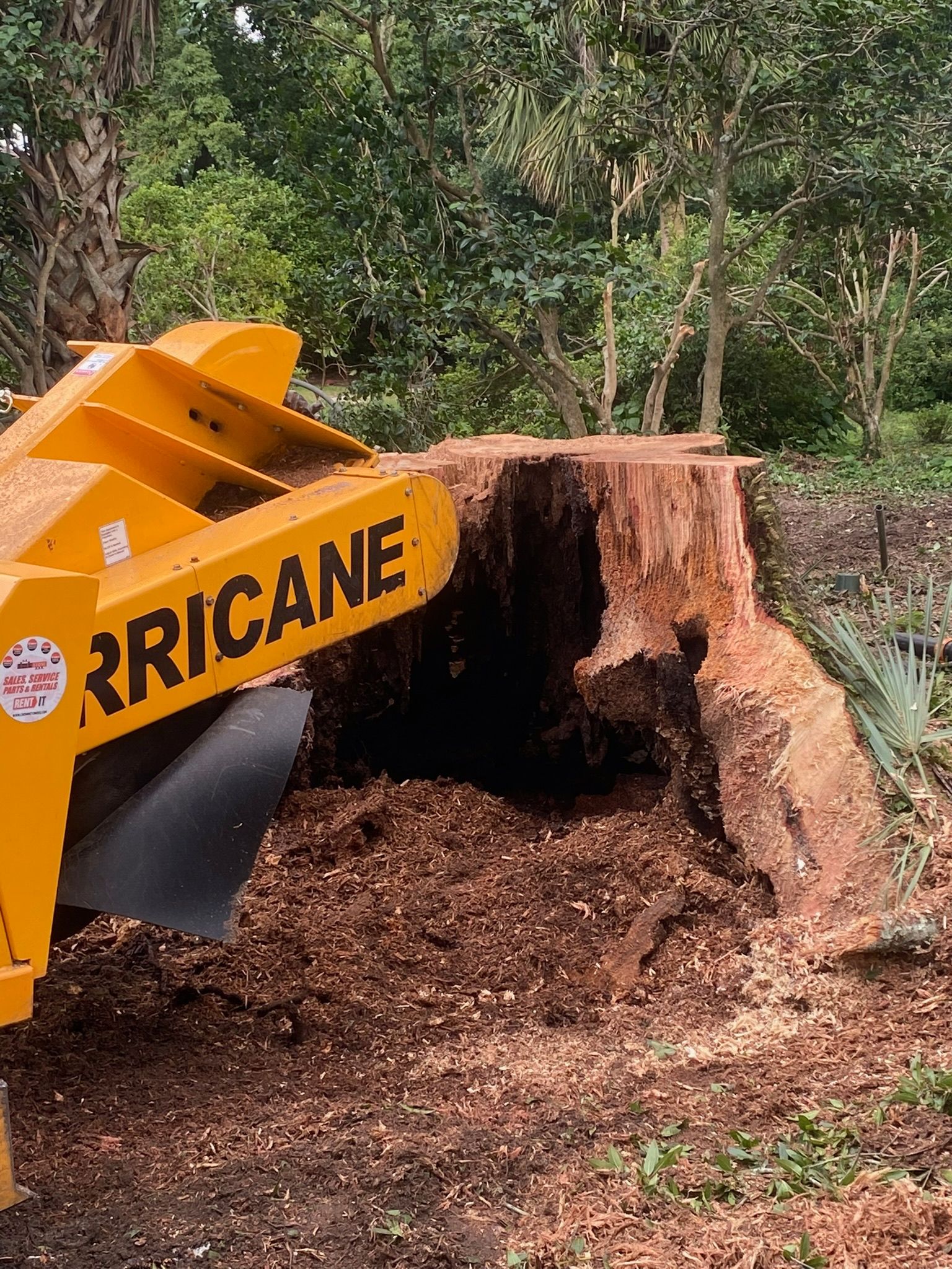 A large tree stump is being removed by a machine.