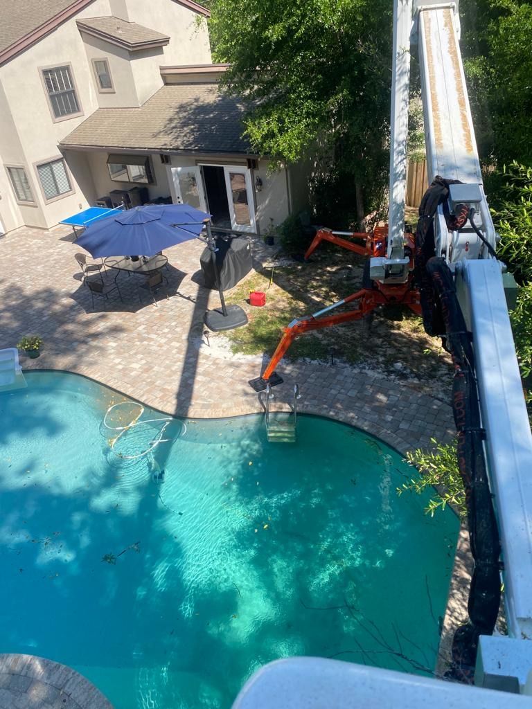 A crane is lifting a tree over a swimming pool.