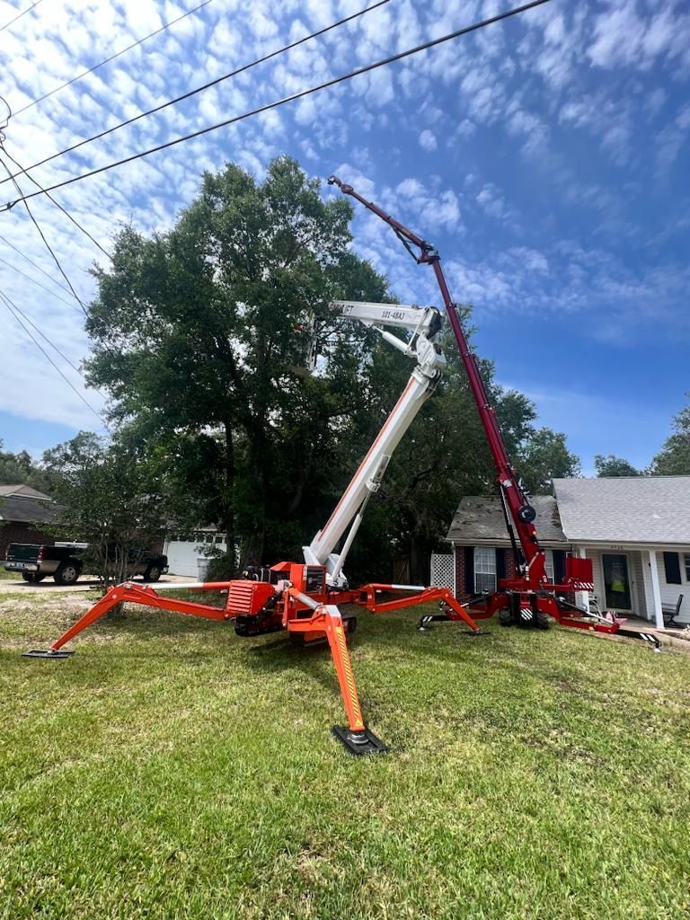 A crane is sitting in the grass in front of a house.