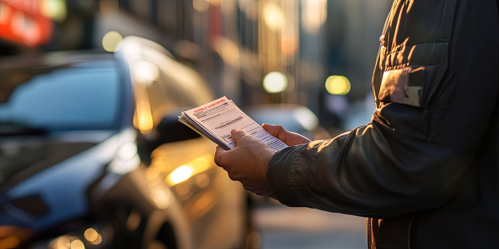 Man writing out parking ticket.
