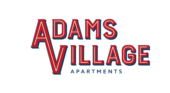 a red and blue logo for adams village apartments