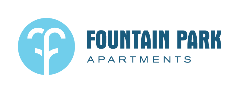 a blue logo for fountain park apartments