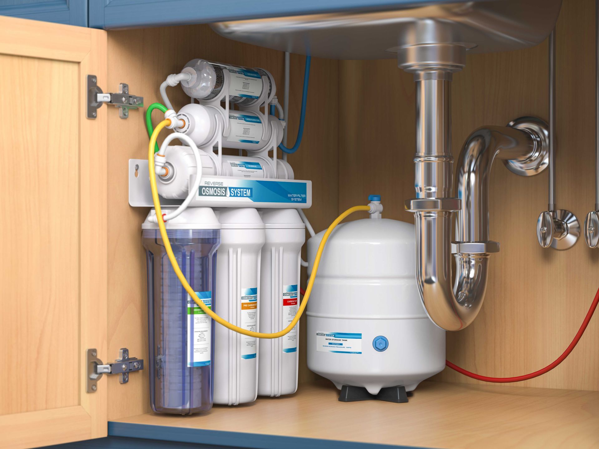 An under-sink reverse osmosis water filtration system with multiple white cylinders, filters, and a storage tank.