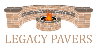 The logo for legacy pavers shows a fire pit in the middle of a brick wall.