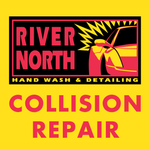 The logo for river north collision repair hand wash and detailing