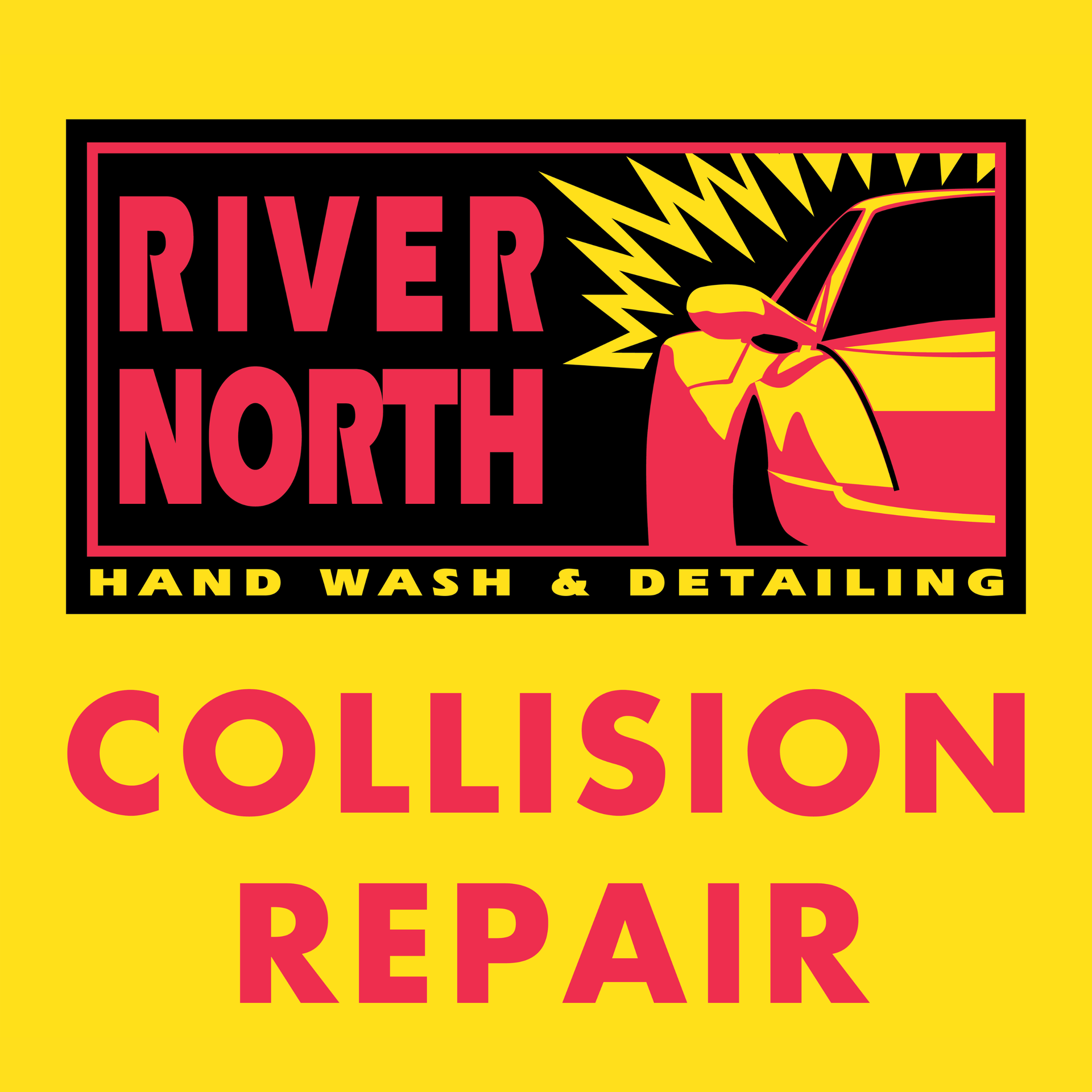 A logo for river north collision repair hand wash and detailing