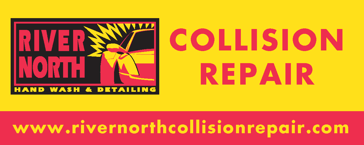 The logo for river north collision repair hand wash and detailing