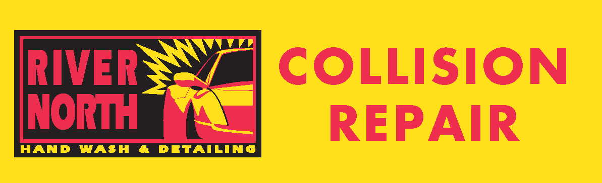 The logo for river north collision repair hand wash and detailing