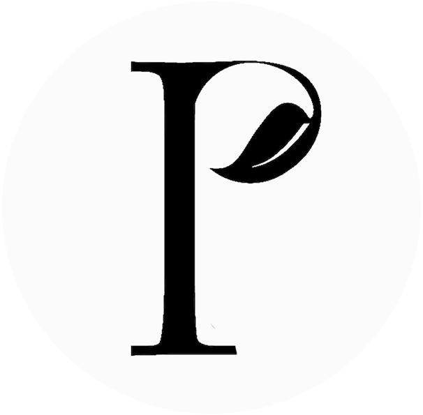 A black and white silhouette of a letter p with a leaf on it.