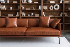 A brown leather couch is sitting in front of a bookshelf.