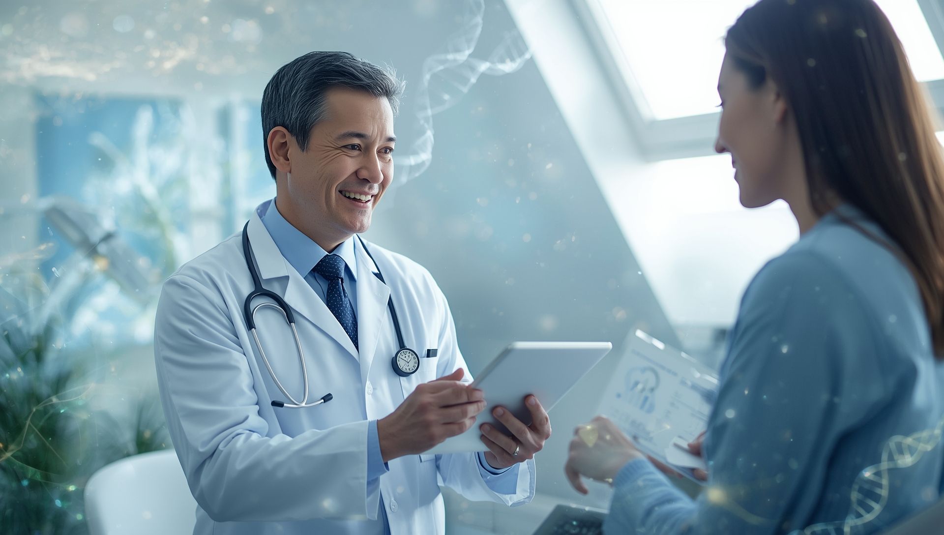 A wellness specialist explaining peptide therapy to a patient in a bright Boca Raton clinic