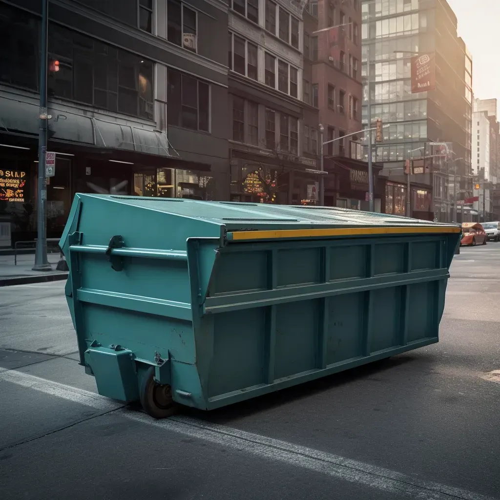 A green roll off dumpster on the side of the city road.