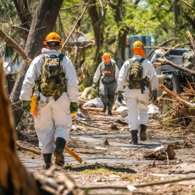 A wastemanagement workers in white coveralls walking in a road with shattered trees.