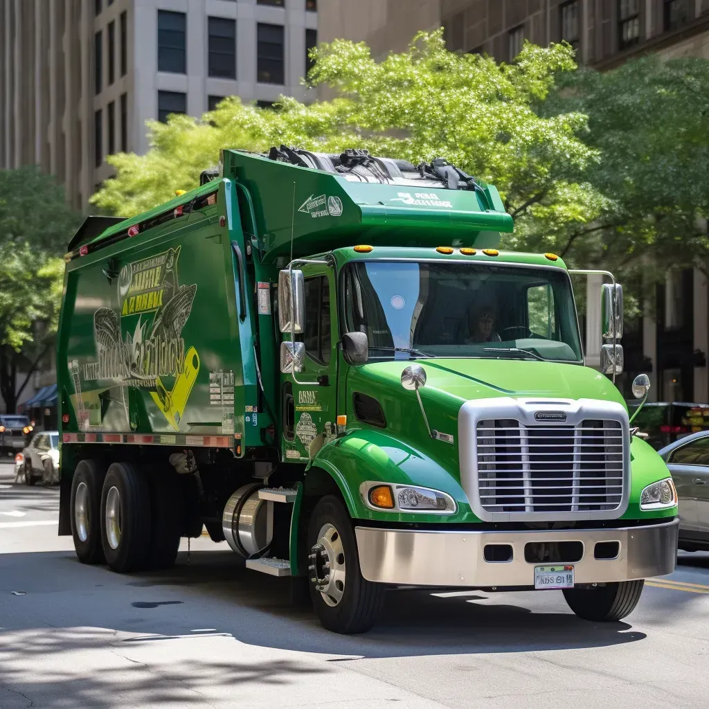 A green garbage truck is driving down a city street
