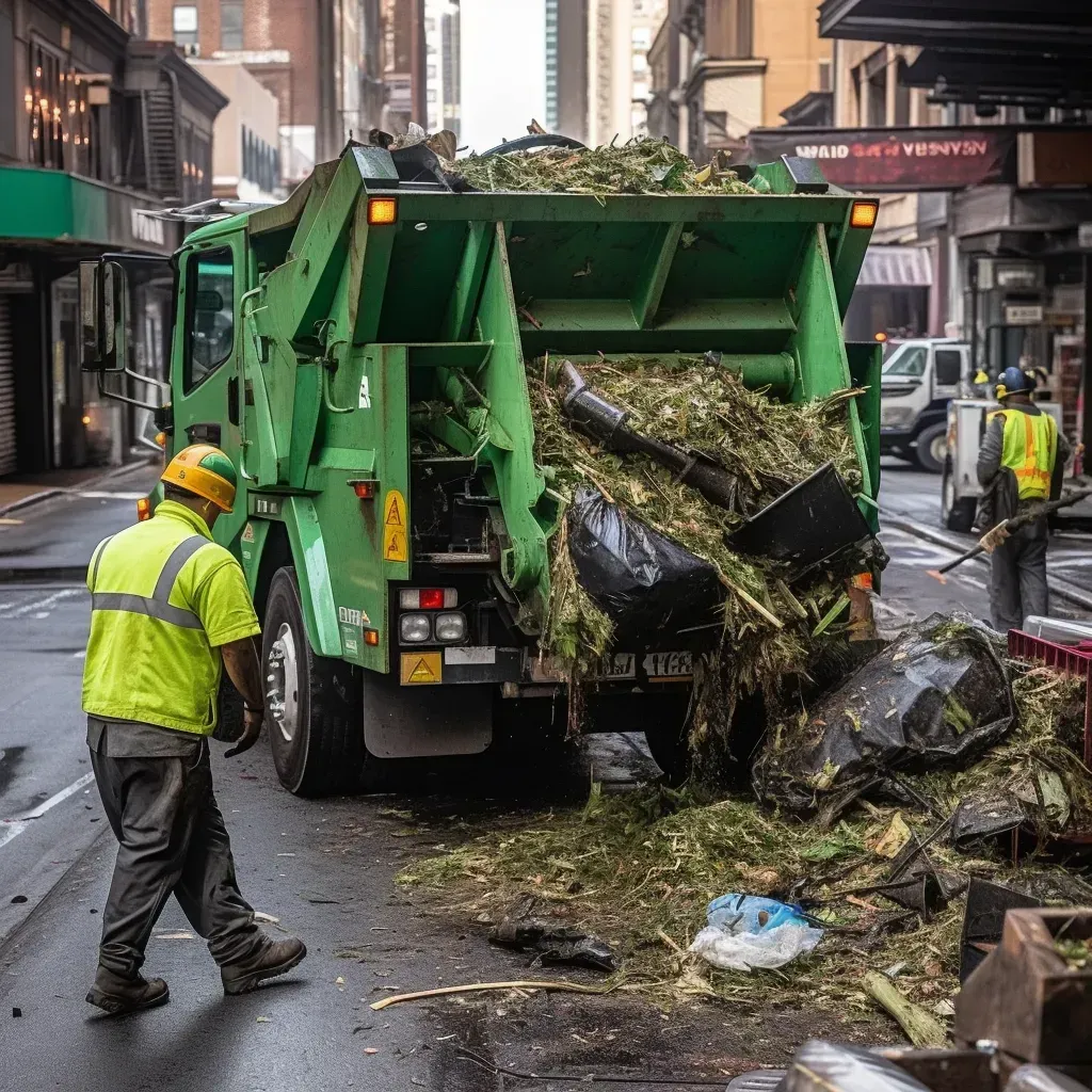 A Professional waste management worker helping clean the trash on the road and placing it in the dump truck.