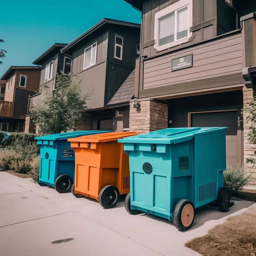 a row of garbage cans are lined up in front of a house
