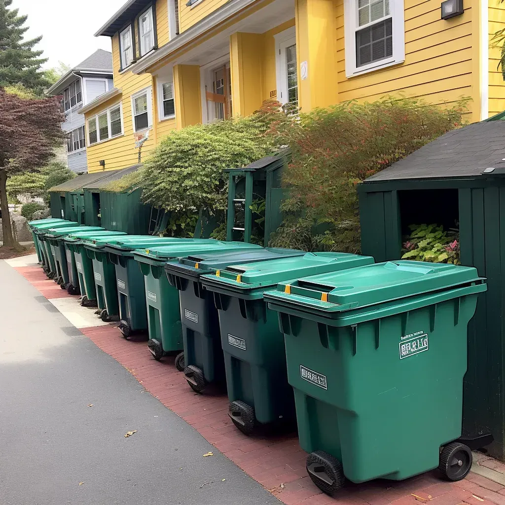 a row of green garbage cans with the word recycle on them
