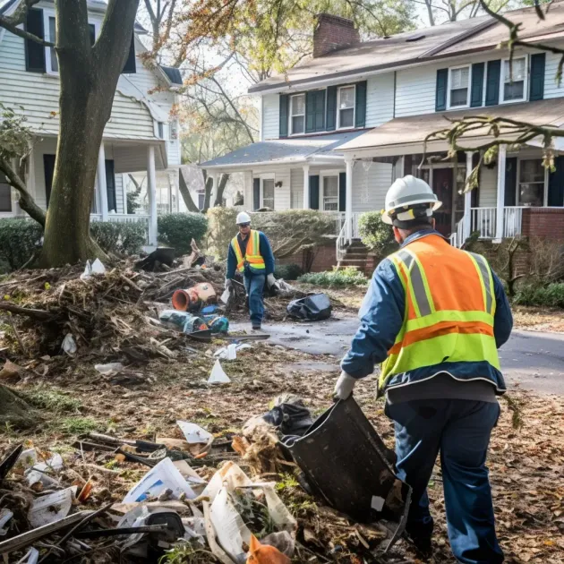 A professional waste management crew cleaning a dirty garbage filled roads.