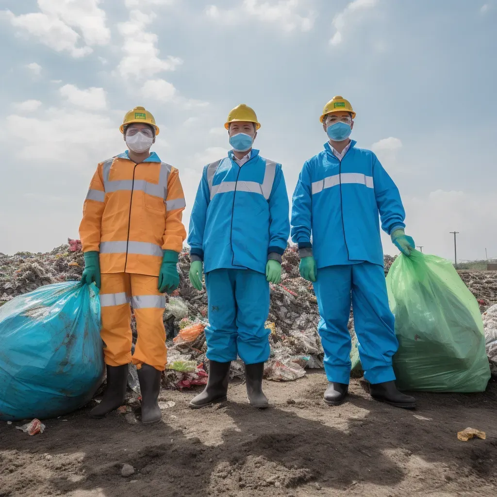 3 waste management workers holding bags of trash posing in the camera.