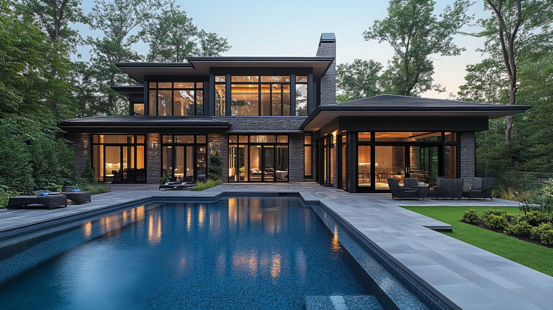 Modern house with a pool, floor-to-ceiling windows, stone facade, and surrounded by trees.